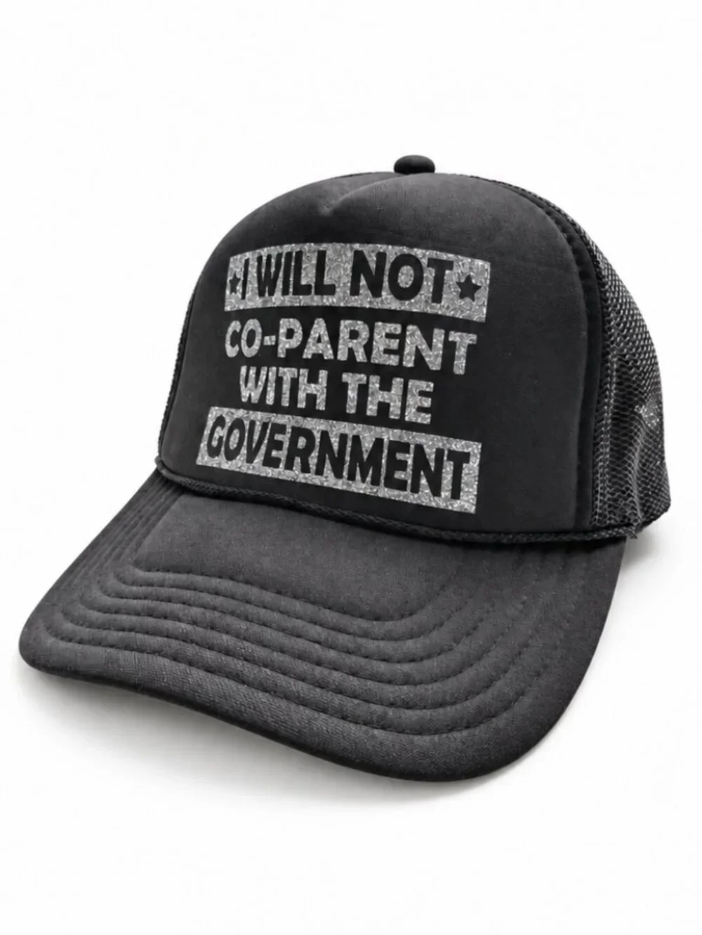 Black Trucker Hat “I Will Not Co-Parent With the Government” Mesh Snapback